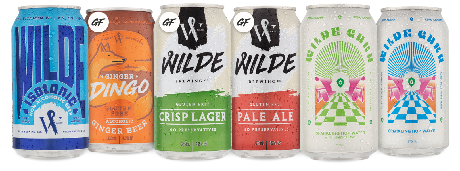 Wilde Brewing Co gluten free beer, Isotonic non-alcoholic beer, Ginger Dingo alcoholic ginger beer and Guru sparkling hop water